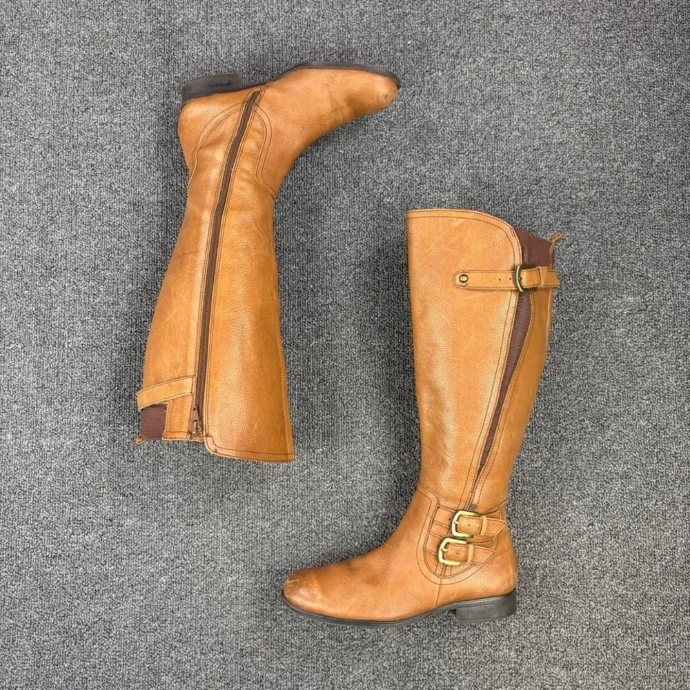 Women's Naturalizer Tan Brown Leather Harness Buckle Side Zip Tall Riding Boots